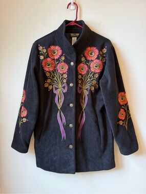 Bob Mackie fleece Jacket colorful floral Embroidery satiny lining pockets